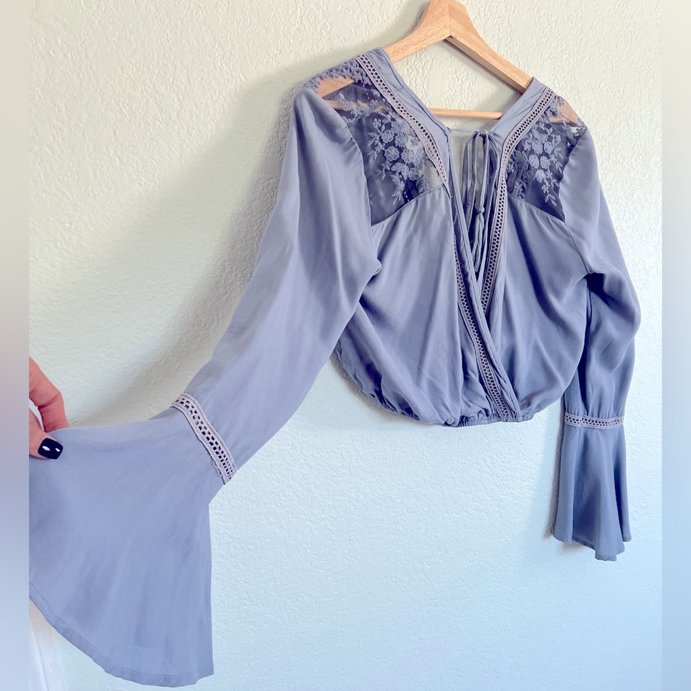 Long Flare-Sleeved Lace Detail Crop Top